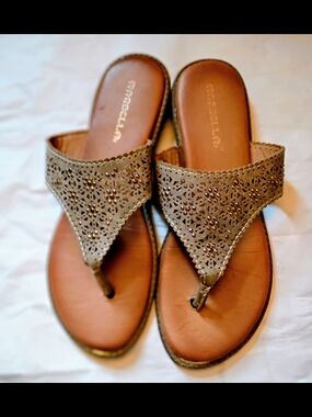 MarbellaTaupe Laser-Cut Thong Sandals with Stud Accents
